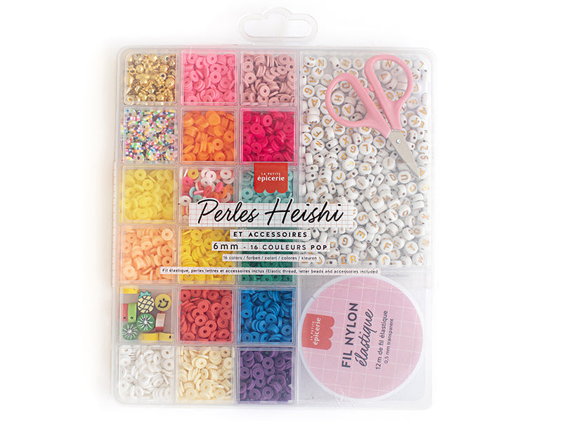 Achat Maxi boite - 16 couleurs de perles heishi POP et accessoires + perles lettres, ciseaux et fil élastique