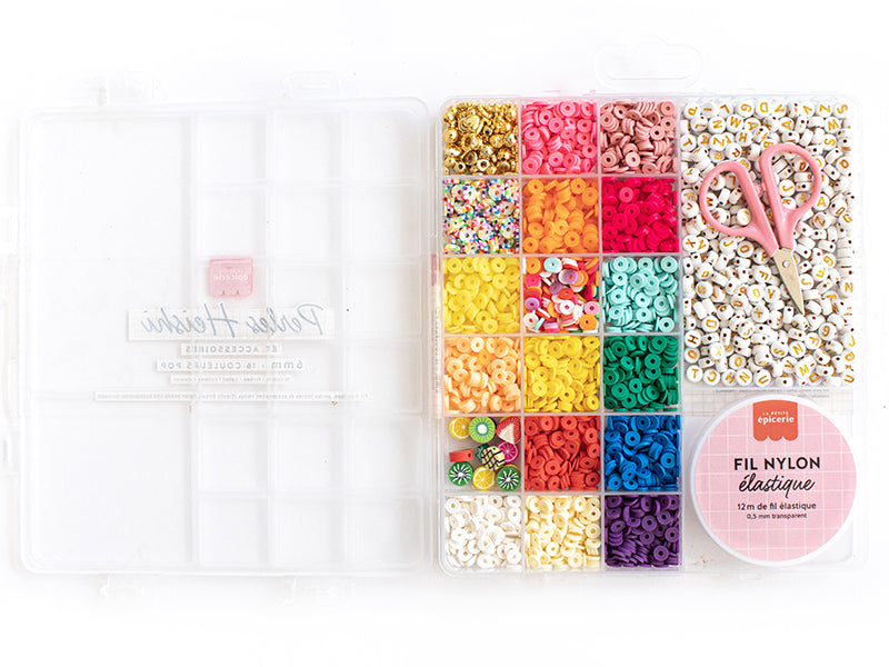 achat Maxi boite - 16 couleurs de perles heishi POP et accessoires + perles lettres, ciseaux et fil élastique