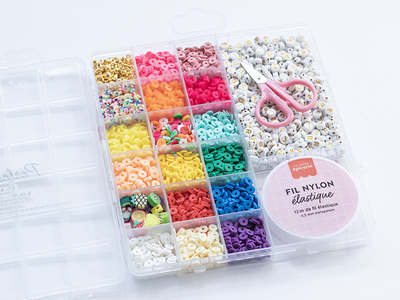 achat Maxi boite - 16 couleurs de perles heishi POP et accessoires + perles lettres, ciseaux et fil élastique