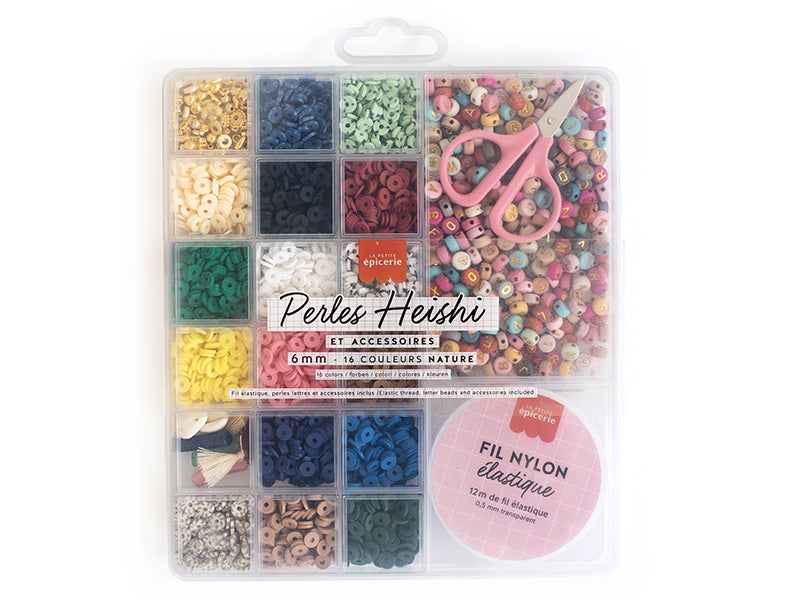 Achat Maxi boite - 16 couleurs de perles heishi NATURE et accessoires + perles lettres, ciseaux et fil élastique