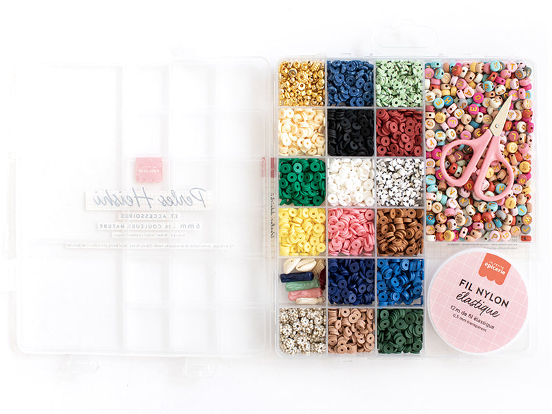 Achat Maxi boite - 16 couleurs de perles heishi NATURE et accessoires + perles lettres, ciseaux et fil élastique