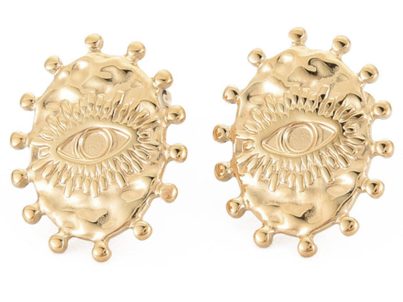 Achat Paire de puces d'oreilles ovales ethniques - doré a l'or fin 18K - 19 x 15 mm