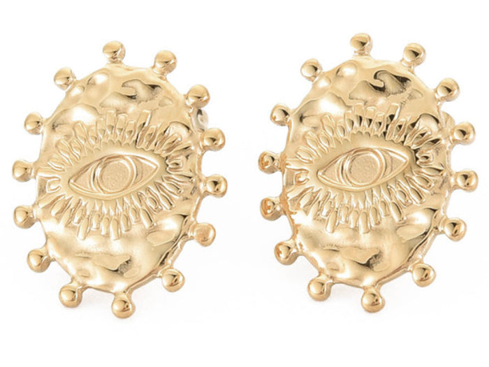 Achat Paire de puces d'oreilles ovales ethniques - doré a l'or fin 18K - 19 x 15 mm