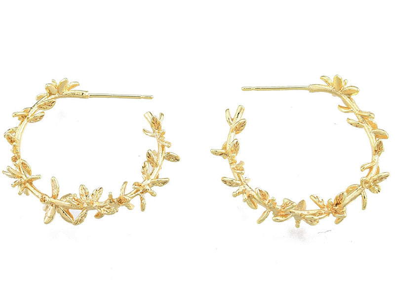 Achat Paire de créoles feuillage végétal - Doré a l'or fin 18K - 30 mm