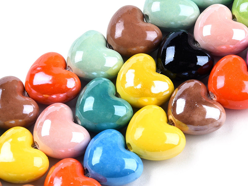 Achat 10 perles cœur en porcelaine - couleurs assorties - 14 x 16 mm