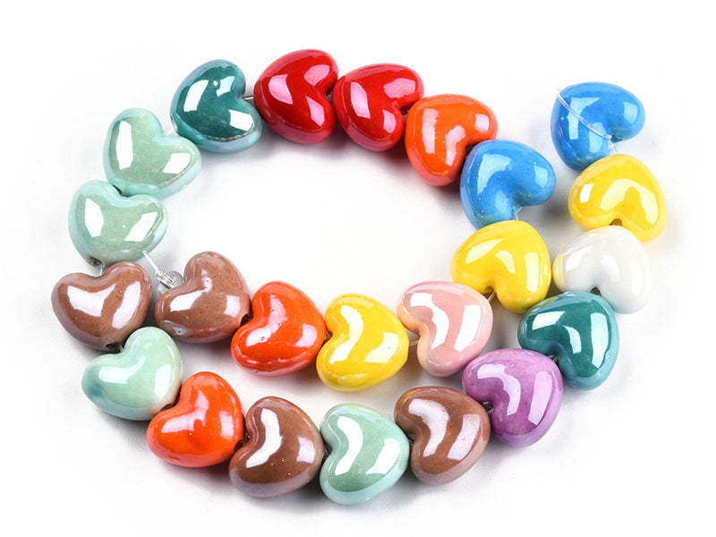 achat 10 perles cœur en porcelaine - couleurs assorties - 14 x 16 mm