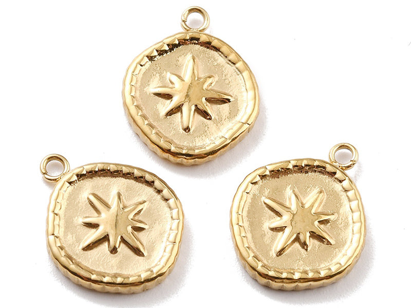 achat Pendentif rond avec étoile du nord - 17 x 13 mm - doré à l'or fin 24K
