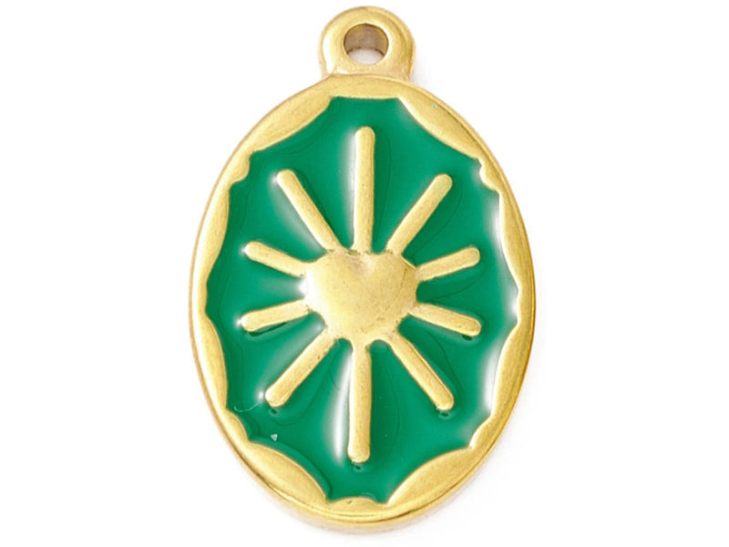 Achat Pendentif émaillé vert - Soleil ovale - 23 x 14 mm - doré et acier inox