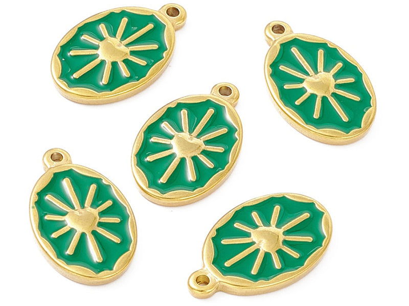 Achat Pendentif émaillé vert - Soleil ovale - 23 x 14 mm - doré et acier inox