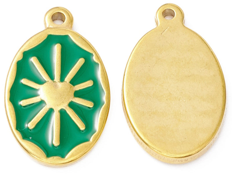 achat Pendentif émaillé vert - Soleil ovale - 23 x 14 mm - doré et acier inox