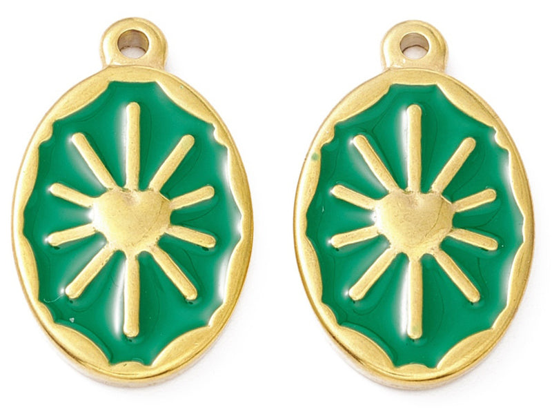 achat Pendentif émaillé vert - Soleil ovale - 23 x 14 mm - doré et acier inox