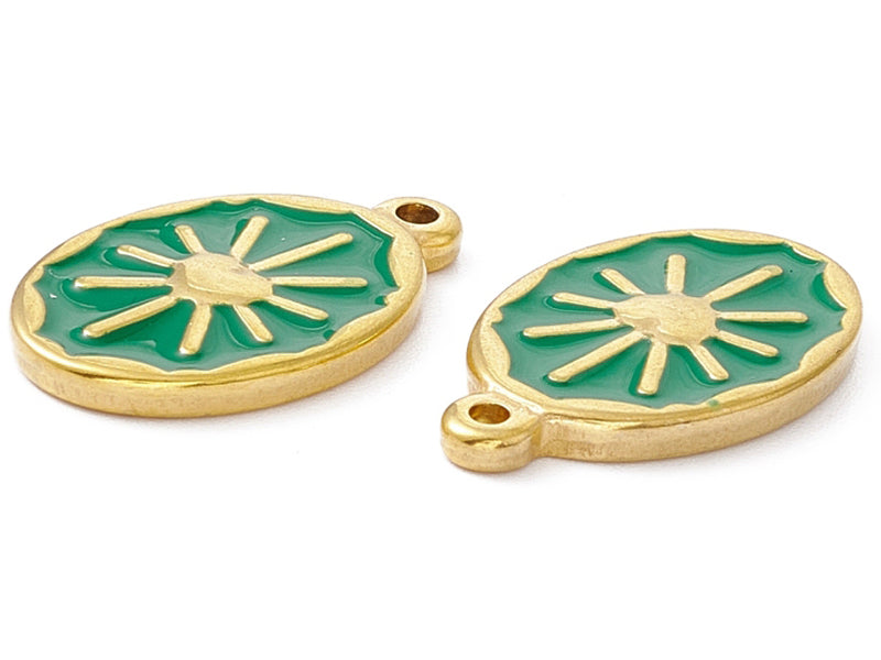 achat Pendentif émaillé vert - Soleil ovale - 23 x 14 mm - doré et acier inox