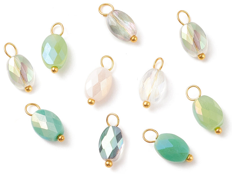 Achat 10 pendentifs irisés à facettes en verre - ovale - tons verts - 13 x 6 mm