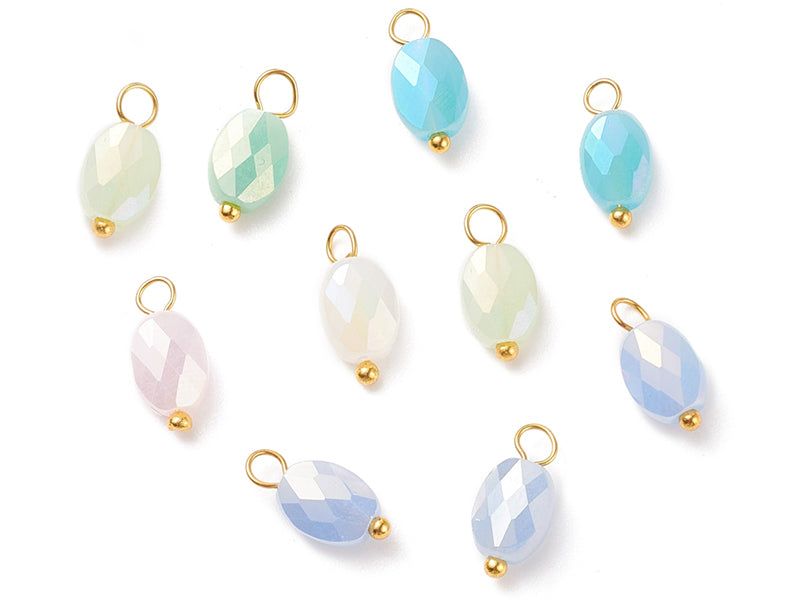 Achat 10 pendentifs irisés à facettes en verre - ovale - Tons bleus - 13 x 6 mm