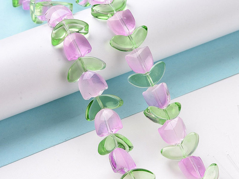 achat 14 perles en verre - Tulipe rose - 15 x 15 mm