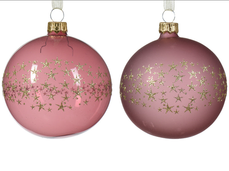 Achat Boule de Noël en verre - rose transparent étoiles paillettées - 8 cm