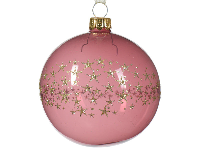 Achat Boule de Noël en verre - rose transparent étoiles paillettées - 8 cm
