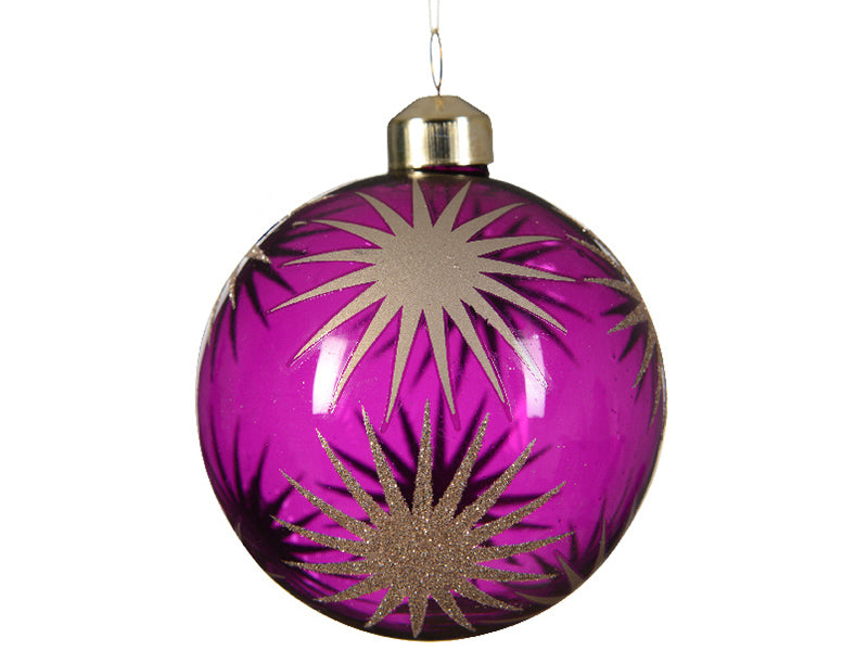 Boule de Noël en verre - violet transparent motif soleil - 8 cm