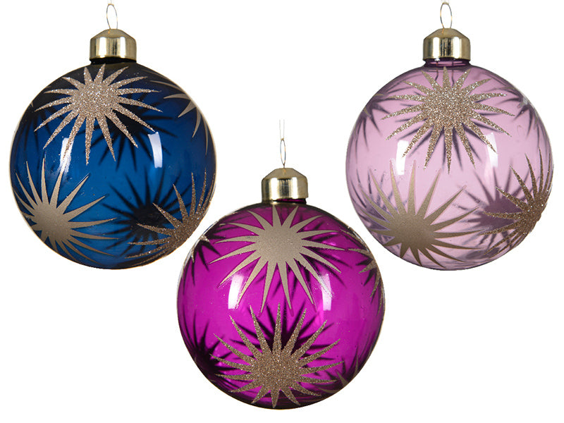 Boule de Noël en verre - violet transparent motif soleil - 8 cm