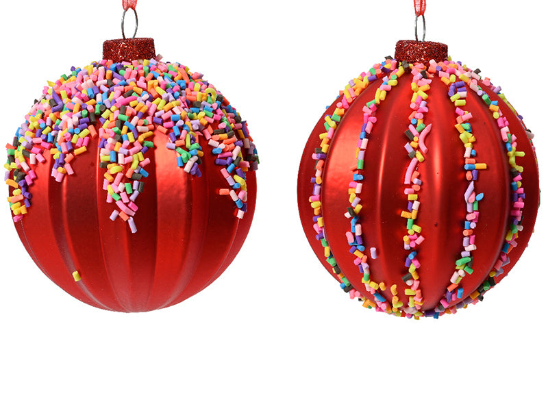 Achat Boule de Noël en verre -  rouge - vermicelles multicolores - Aléatoire