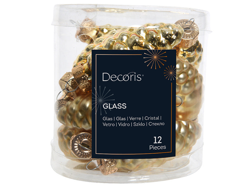 Achat 12 suspensions de Noël en verre - Pomme de pin - doré brillant et mat