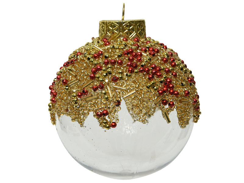 Boule de Noël incassable  - Transparente Paillettes et perles dorées - 8 cm