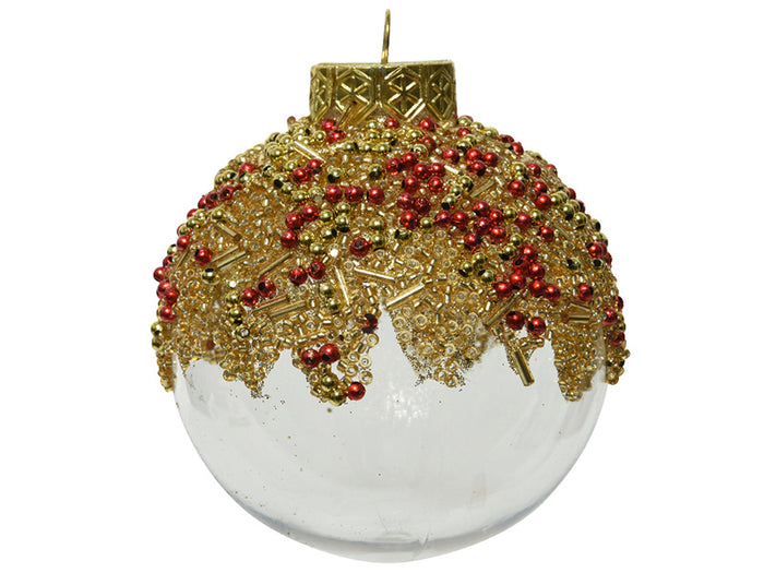 Achat Boule de Noël incassable  - Transparente Paillettes et perles dorées - 8 cm