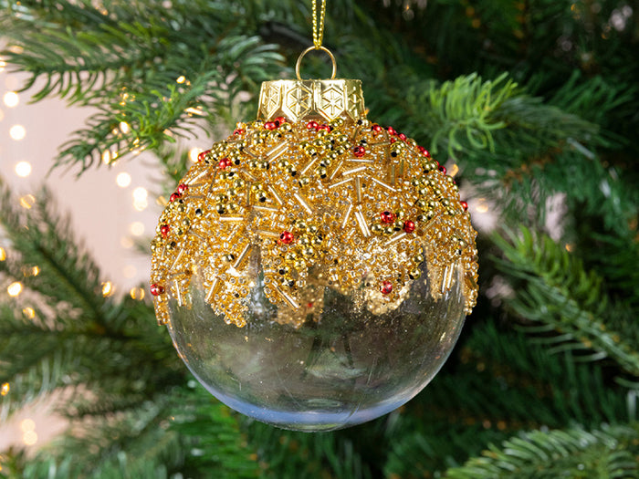 Achat Boule de Noël incassable  - Transparente Paillettes et perles dorées - 8 cm
