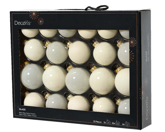 Achat Boite de 21 boules de Noël en verre - blanc brillant / mat / transparent - 7 cm