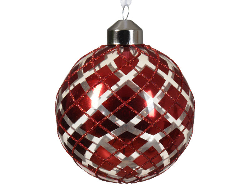 Achat Boule de Noël en verre - Motif aléatoire - argent et rouge - 8 cm