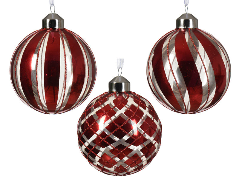 Achat Boule de Noël en verre - Motif aléatoire - argent et rouge - 8 cm