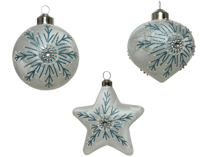 Achat Boule de Noël en verre bleu reine des neige à flocon - goutte