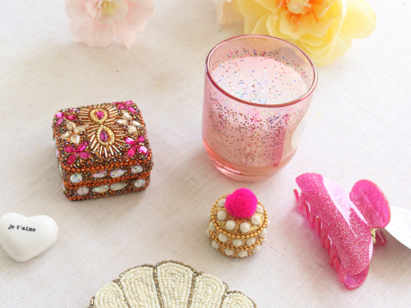achat Bougie en verre à paillettes rose - Atelier Jasmin