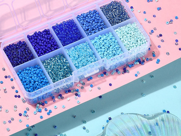 Achat Boite de perles de rocailles - 10 Nuances bleues- 2,5mm - 8500 pcs