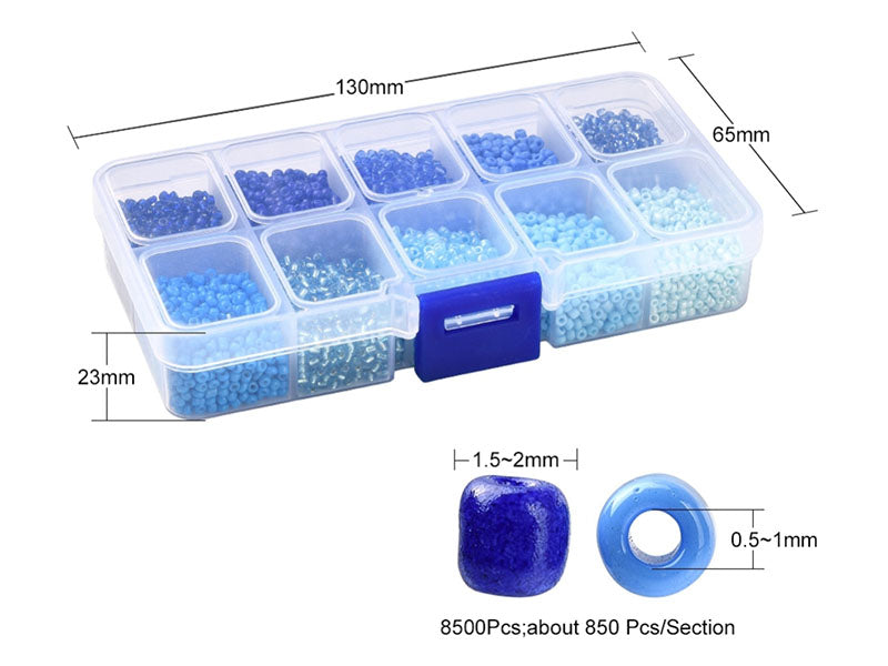 achat Boite de perles de rocailles - 10 Nuances bleues- 2,5mm - 8500 pcs