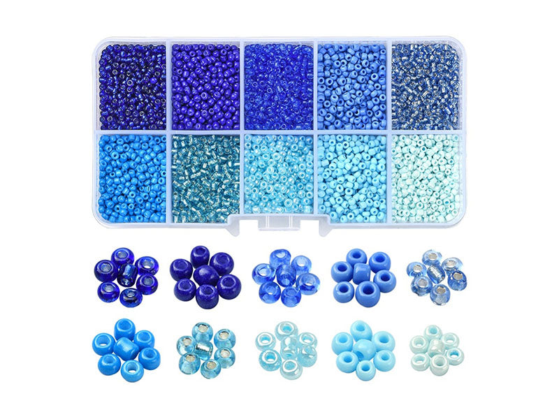 achat Boite de perles de rocailles - 10 Nuances bleues- 2,5mm - 8500 pcs