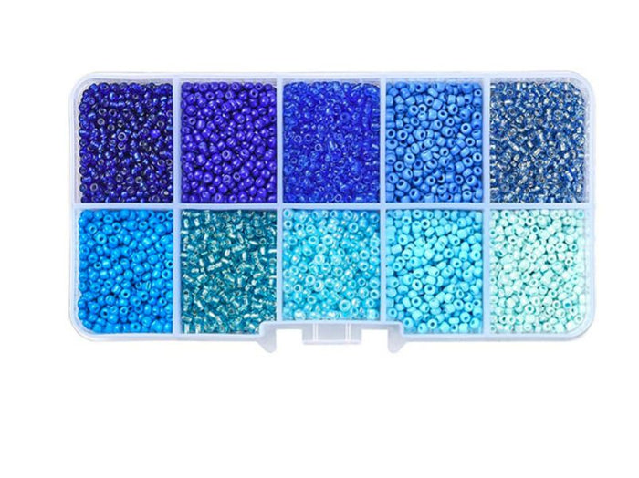 Achat Boite de perles de rocailles - 10 Nuances bleues- 2,5mm - 8500 pcs
