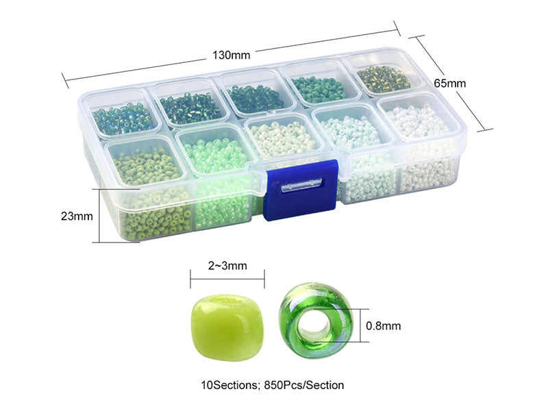 achat Boite de perles de rocailles - 10 Nuances Vertes- 2,5mm - 8500 pcs