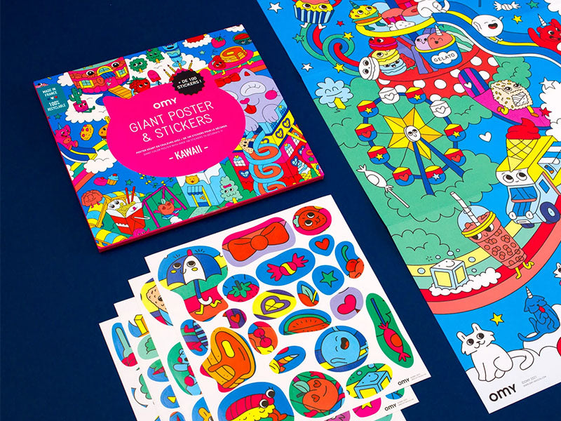 achat Poster géant à décorer Cherche & trouve Kawaï + 100 Stickers - OMY