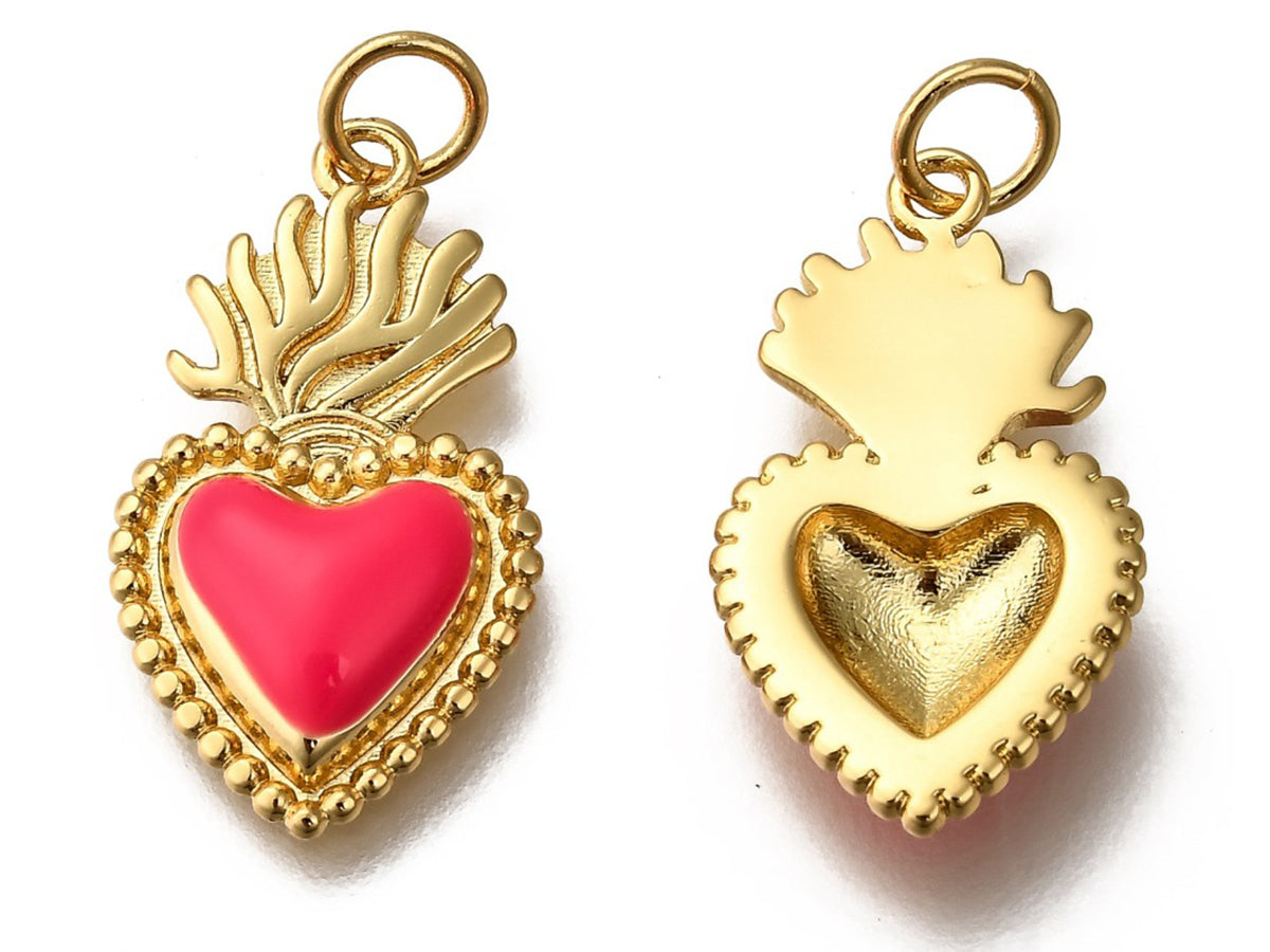 achat Breloque cœur émaillée en laiton doré à l’or fin – Rose