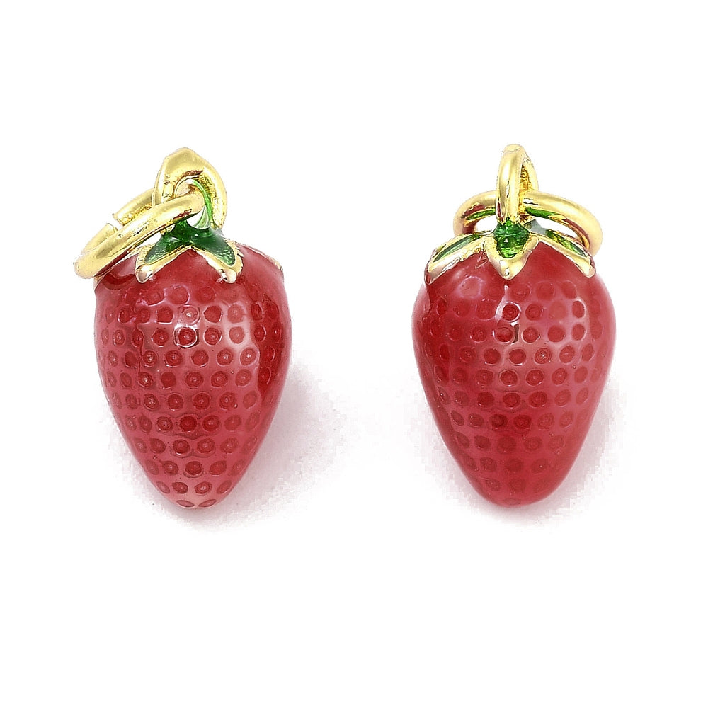 Achat Breloque fraise émaillée en laiton doré à l’or fin