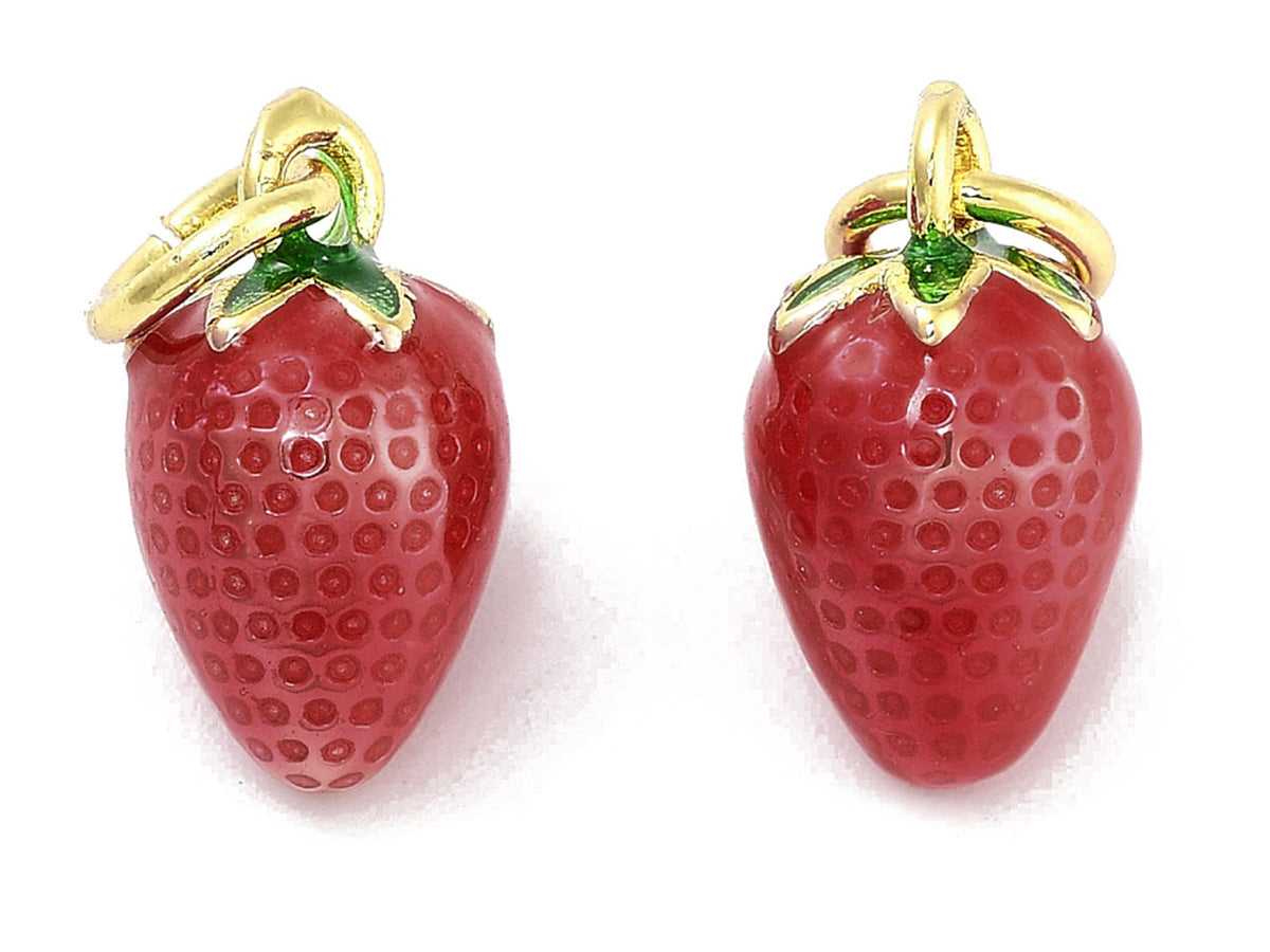 achat Breloque fraise émaillée en laiton doré à l’or fin