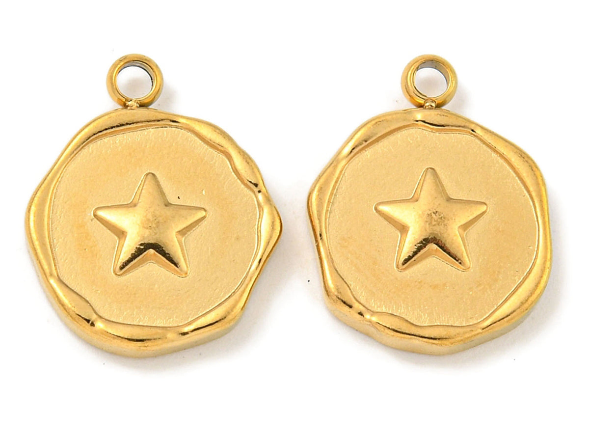 achat Pendentif rond plat avec étoile en acier inoxydable 304 plaqué or 18K