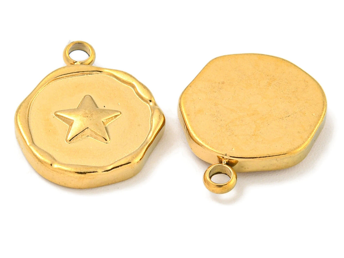 achat Pendentif rond plat avec étoile en acier inoxydable 304 plaqué or 18K