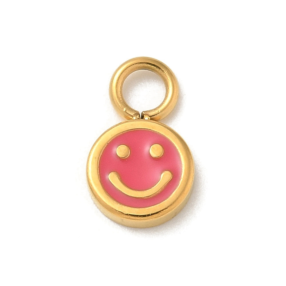 achat Breloque visage souriant en émail cerise sur acier inoxydable 304 plaqué or 14K