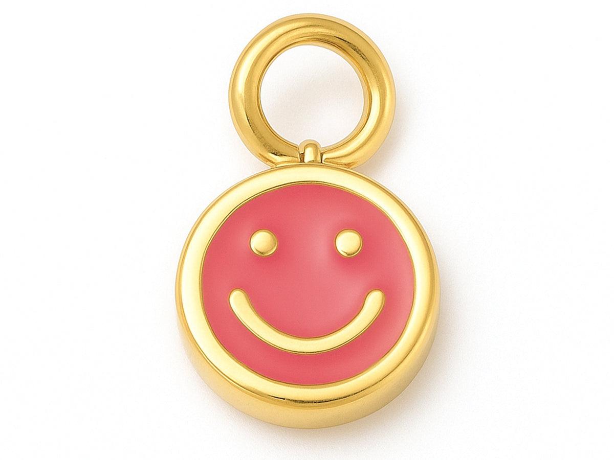 Achat Breloque visage souriant en émail cerise sur acier inoxydable 304 plaqué or 14K