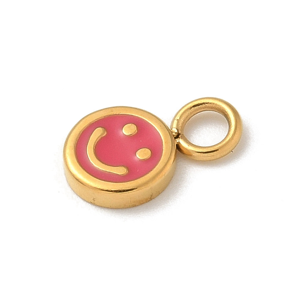 achat Breloque visage souriant en émail cerise sur acier inoxydable 304 plaqué or 14K