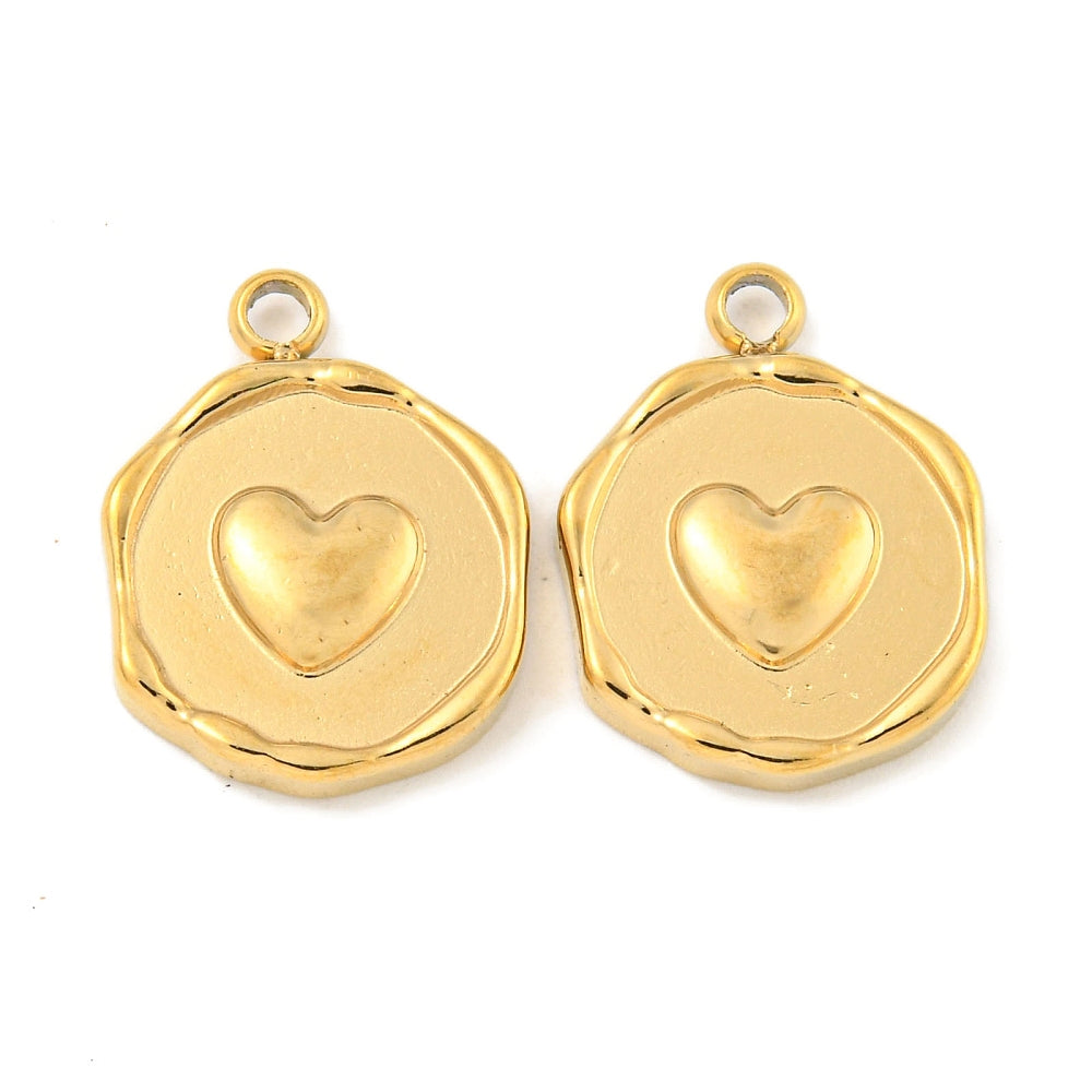 Achat Pendentif rond plat avec cœur en acier inoxydable 304 plaqué or 18K