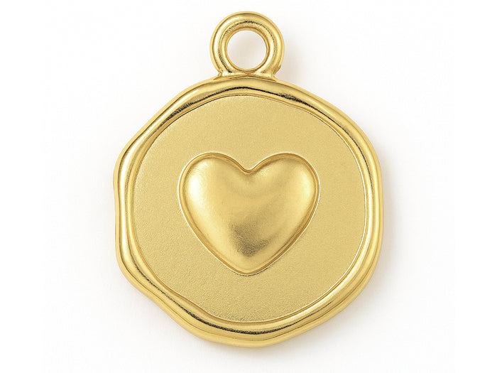 Achat Pendentif rond plat avec cœur en acier inoxydable 304 plaqué or 18K