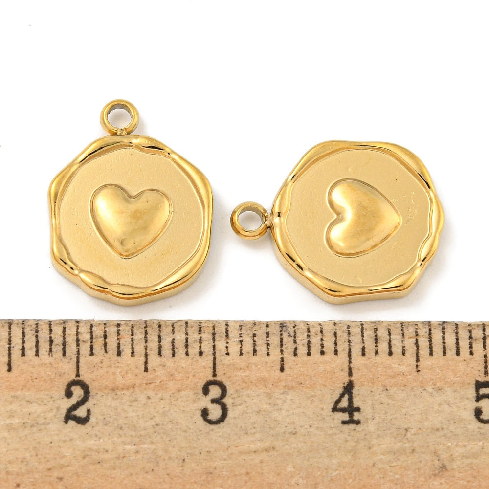 achat Pendentif rond plat avec cœur en acier inoxydable 304 plaqué or 18K